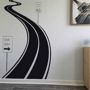 Adhesivo de pared con señal de tráfico: adhesivo de límite de velocidad, adhesivo de pared con huellas de neumáticos, adhesivo de pared de carretera, camino sinuoso para dormitorio y sala de estar