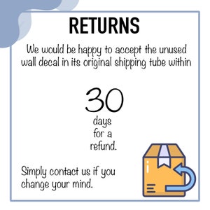May include: A white square with blue rounded corners contains text about returns. The text reads "RETURNS We would be happy to accept the unused wall decal in its original shipping tube within 30 days for a refund. Simply contact us if you change your mind." A cartoon illustration of a brown box with a blue arrow pointing to the left is in the bottom right corner.