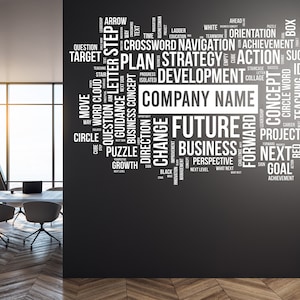 Calcomanía de pared personalizable grande para oficina, motivacional e inspiradora, letrero comercial personalizado, calcomanía con nombre de empresa, decoración de oficina se226