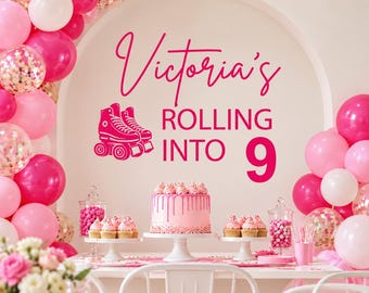 Personalized Rolling Into Birthday Decal, Custom Name Age Vinyl, Roller Skate Party Backdrop, Retro Celebration Decor a114
