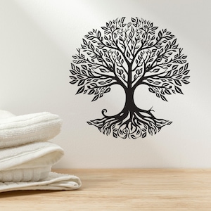 May include: Black and white silhouette of a tree with intricate roots and branches. The tree is stylized and has a whimsical feel.