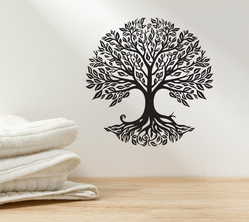 May include: Black and white silhouette of a tree with intricate roots and branches. The tree is stylized and has a whimsical feel.
