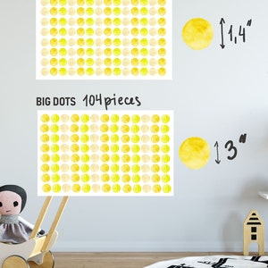 May include: Two sets of yellow watercolor dot stickers. The smaller set has 112 pieces and the dots are 1.4 inches in diameter. The larger set has 104 pieces and the dots are 3 inches in diameter.