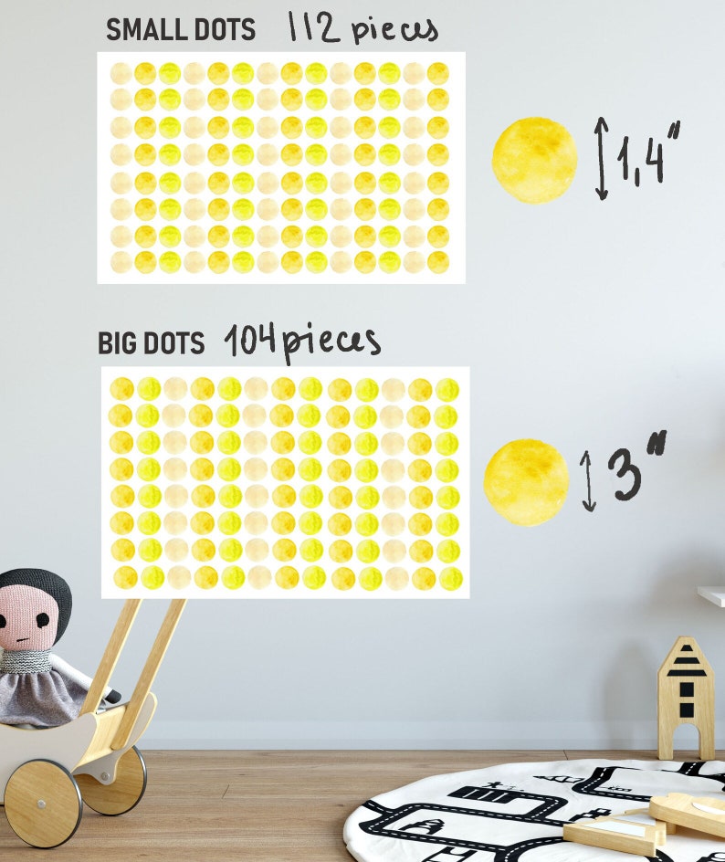 May include: Two sets of yellow watercolor dot stickers. The smaller set has 112 pieces and the dots are 1.4 inches in diameter. The larger set has 104 pieces and the dots are 3 inches in diameter.