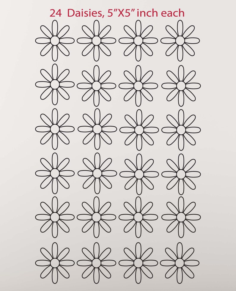 May include: A sheet of 24 black and white daisy outlines, each measuring 5 inches by 5 inches.  24 Daisies, 5"X5" inch each.