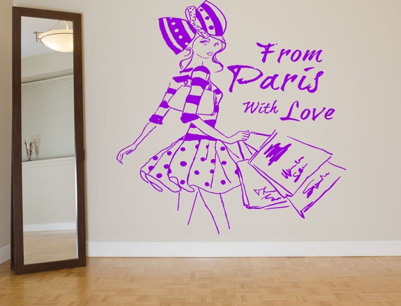paris wall decal paris wall art shopping girl paris decor | etsy
