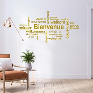 May include: A white wall with a gold word cloud of welcome greetings in different languages, including English, French, Spanish, German, Italian, Japanese, and Arabic. The word cloud is centered on the wall and is surrounded by a white door and a brown armchair with a white pillow.