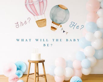 Hot Air Balloon Gender Reveal Wall Decal: for Baby Shower Backdrop (27x20) n166