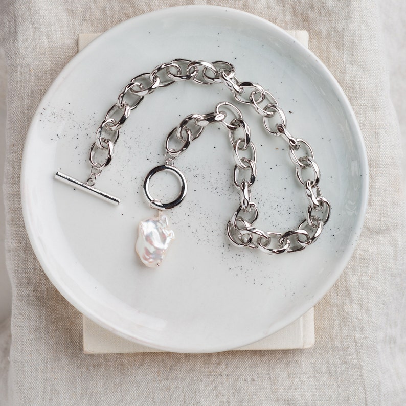 Thick link chain silver necklace with large baroque pearl pendant Birthday gift for women Contemporary jewelry Brutalist statement piece