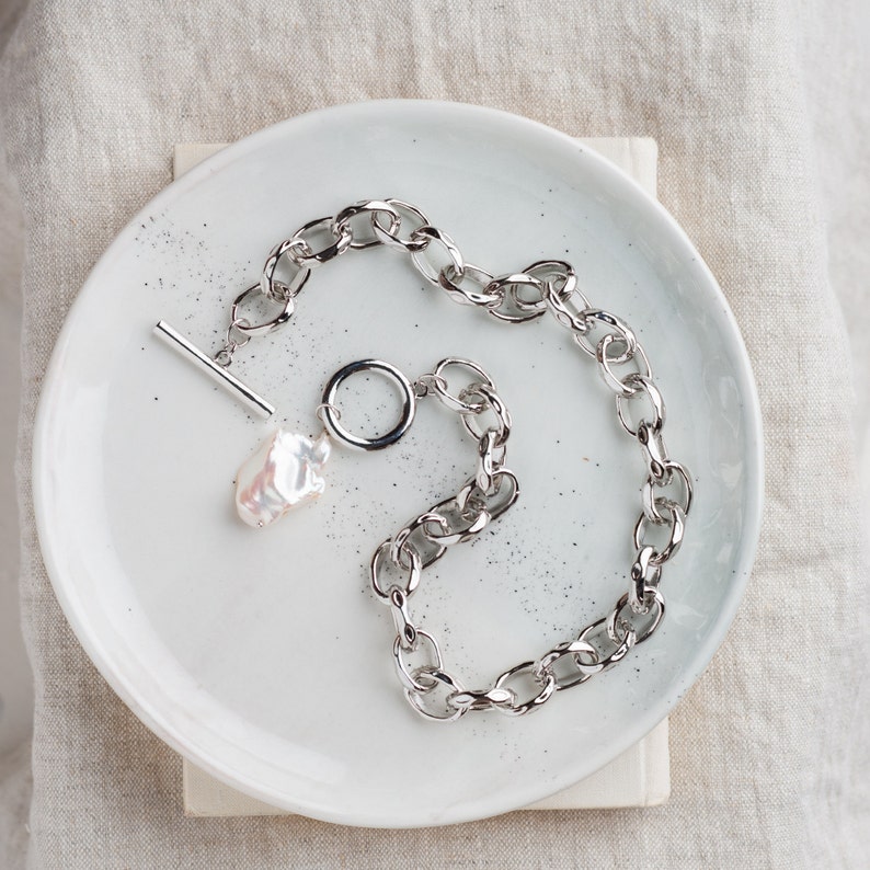 Thick link chain silver necklace with large baroque pearl pendant Birthday gift for women Contemporary jewelry Brutalist statement piece