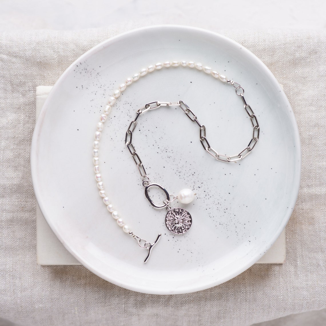 Half pearl half chain necklace with silver sun pendant and Etsy Half pearl half chain necklace with silver sun pendant and Etsy