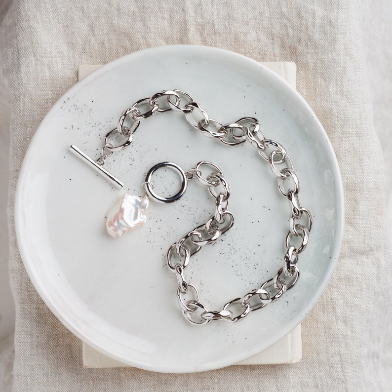 Thick link chain silver necklace with large baroque pearl pendant Birthday gift for women Contemporary jewelry Brutalist statement piece