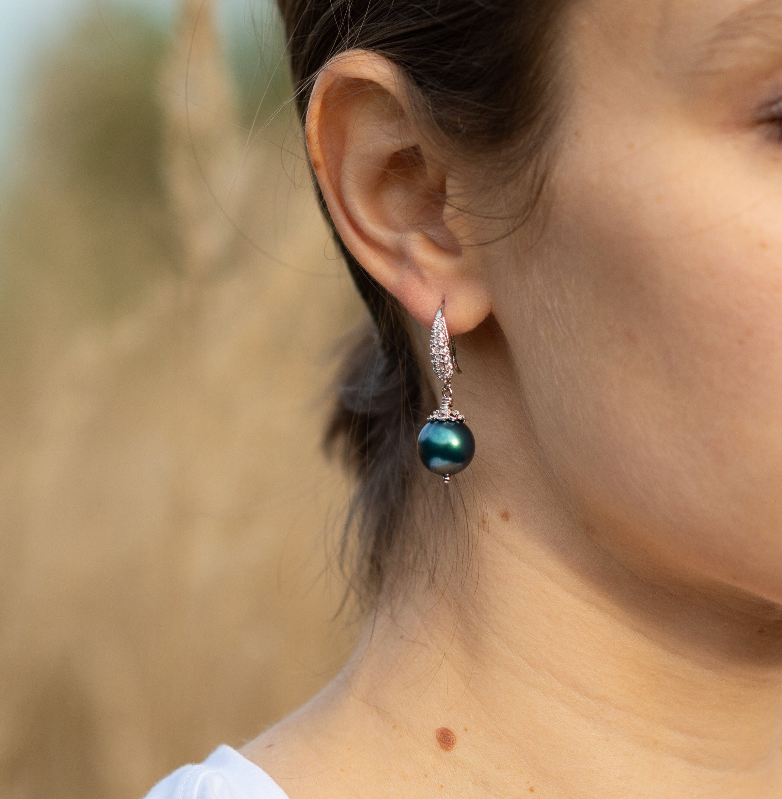Tahitian green pearl dangle earrings Rhinestone silver Etsy
