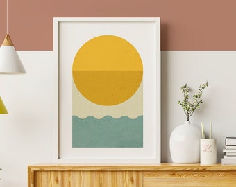 Sun landscape art, Abstract Mid century modern print, Minimalist modern home decor, Yellow Geometric Large wall art for New home gift