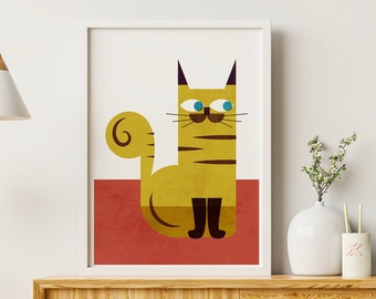 Cute Yellow cat illustration Poster Print, Retro funny cartoon Blue eyes kitten wall art, Home Decor Gift for Cat lovers, I like cats