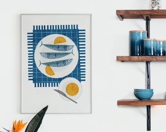 Food Modern retro kitchen wall art, Blue Sardines illustration, Graphic design Mid century Vintage fish posters for foodie lovers, Bar decor