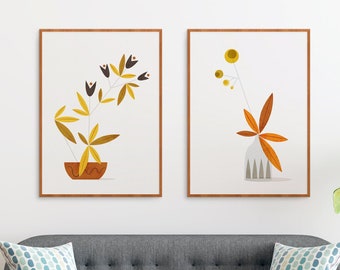 Mid century modern Ikebana art prints, Floral wall art set of 2 for a Scandinavian and japandi decor, Hygge botanical flower illustration