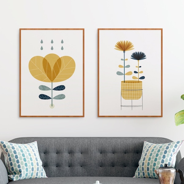 Mustard yellow Mid century 2 piece wall art, Modern botanical Scandinavian floral decor, Scandi Retro flowers, Nordic design house print set