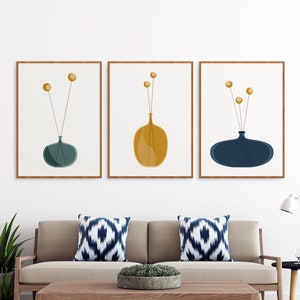 Mid century Minimalist flower wall art set of 3 prints, Retro scandinavian modern, Large Nordic prints decor, Dark blue green mustard yellow