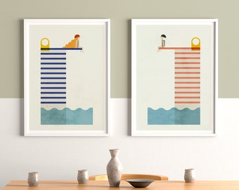 Vintage Swimming couple on a springboard graphic illustration print, Diving board over the sea geometric and funny wall art for summer decor