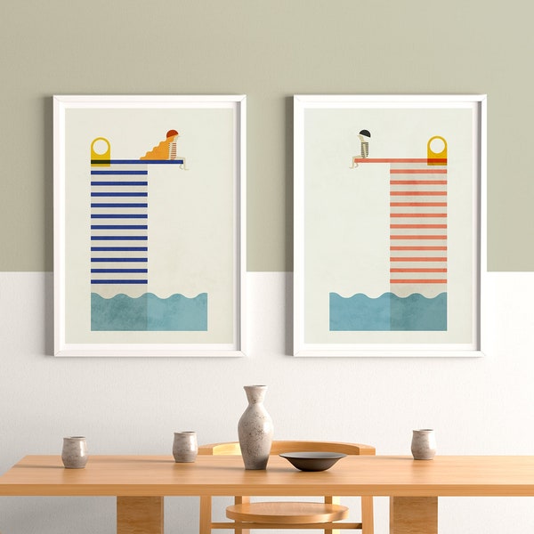 Vintage Schwimmendes Paar auf einem Sprungbrett grafische Illustration Druck, Taucherbrett über dem Meer geometrisch und lustige Wandkunst für Sommer Deko