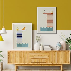 Vintage Schwimmen paar auf einem Sprungbrett Grafik Illustration, Sprungbrett über dem Meer geometrische und lustige Wandkunst für Sommer Dekor