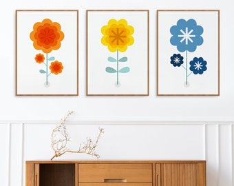 Arte de pared floral retro, estilo nórdico minimalista, estampados botánicos de inspiración vintage, flores geométricas modernas en negrita y coloridas de mediados de siglo
