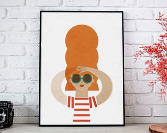 Mid century cartoon girl at the beach print, Modern Retro woman illustration summer Graphic vintage wall art for a cheerful home decor gift