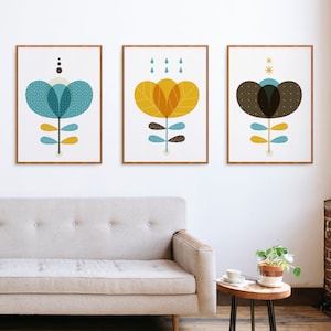 Scandinavian flower 3 piece wall art, Mid century modern floral decor in a turquoise mustard yellow and brown for a Nordic and Scandi home image 1