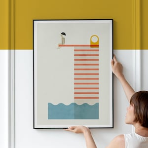 Diving Board and Swimmer vintage graphic illustration, Summer pool geometric Art, Sea landscape Abstract art print Poster for Bathroom decor