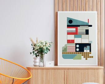 Eames inspired mid century modern house illustration print, Retro Design wall art Arquitecture Home poster Colourful geometric Vintage Style