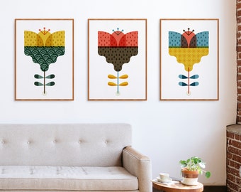 Geometric flowers set of 3 modern wall art, Floral Design, Nordic Print Scandinavian abstract colourful flowers for a bright home decor gift