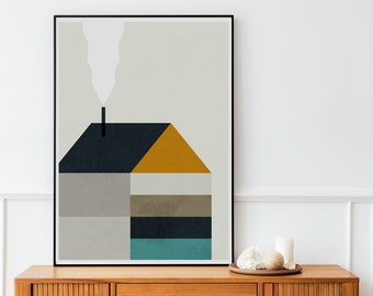 Mid Century Geometric chimney house, Abstract minimalist art poster print in Yellow and dark blue for a Graphic Nordic design home decor