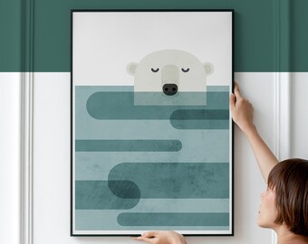 Polar bear Mid century modern wall art, Arctic Geometric animals artwork for a Nordic home decor, Graphic retro wild life illustration Print