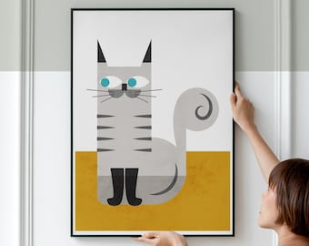 Cat illustration Cute gray white Feline Poster Print, Retro funny cartoon Blue eyes curious kitten wall art, Home Decor Gift for Cat lovers