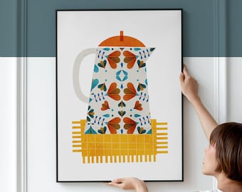 カラフルな壷　ミッドセンチュリー　ポストモダン　花柄　フォークアート　北欧　陶器 スカンジナビアのフォークアートプリント モダンな花柄ウォール