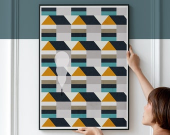 Mid Century Geometric Neighbourhood Abstract chimney house pattern art print, Yellow and Blue poster for a Graphic Nordic design home decor