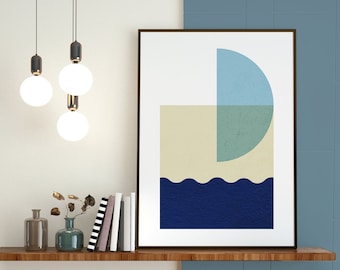 Blue Moon Ocean Print: Geometric Mid-Century Modern Art