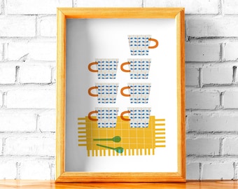 May include: A framed illustration of a stack of six blue and white patterned mugs with orange handles on a yellow and white striped mat with two green spoons.
