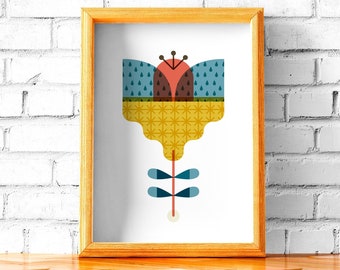 Colourful Scandinavian flower wall art for Mid century decor, Modern Retro nordic print in a geometric way for a cheerful home decoration