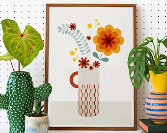 Mid century modern flower bouquet wall art, Scandinavian floral and pottery vase, Retro Vintage floral illustration for a nordic living room