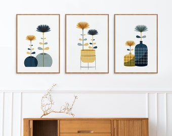 Nordic botanical Modern print, Set of 3 wall art, Dark earth tones art prints, Scandinavian botanical decor, Plants and Flowers lovers gift