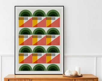 Mid Century Geometric Abstract art poster print in Bright Green Coral and Yellow for a Scandinavian decor, Graphic artwork design home decor