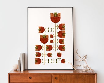 Red modern retro mid century flowers print, Scandinavian decor, Floral geometric graphic wall art, Botanical illustration for a Nordic home