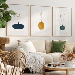Juego de 3 impresiones de arte de pared de flores minimalistas de mediados de siglo, estilo retro escandinavo moderno, decoración con impresiones nórdicas grandes, azul oscuro, verde, mostaza y amarillo.