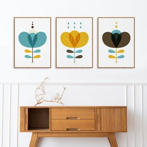 Scandinavian flower 3 piece wall art, Mid century modern floral decor in a turquoise mustard yellow and brown for a Nordic and Scandi home image 2