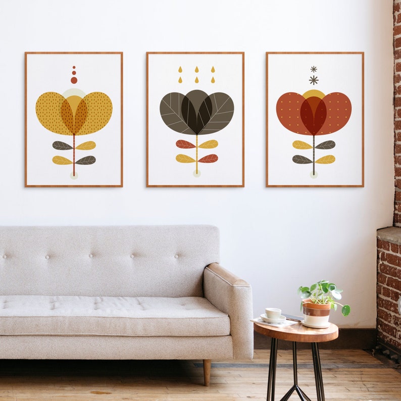 Mid Century Modern Set of 3 Flower Art Prints Earth Tone Etsy
