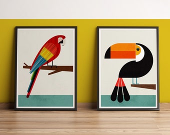 Scarlet Macaw and Toucan set of 2 Wildlife Poster Print, Retro Mid century modern wall art, colourful Geometric animals, Graphic home decor