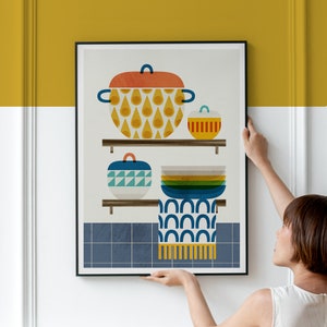 Impresión de artículos para el hogar de Pyrex para una decoración de cocina retro Arte de pared con estética moderna de mediados de siglo de los años 70, decoración de póster geométrico escandinavo y nórdico