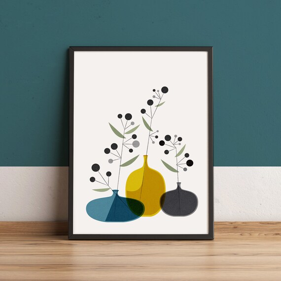 ●MID CENTURY MODERN DESIGN FLOWER VASE● Mid Century Modern Vase Print: Geometric Flowers, Retro Nordic